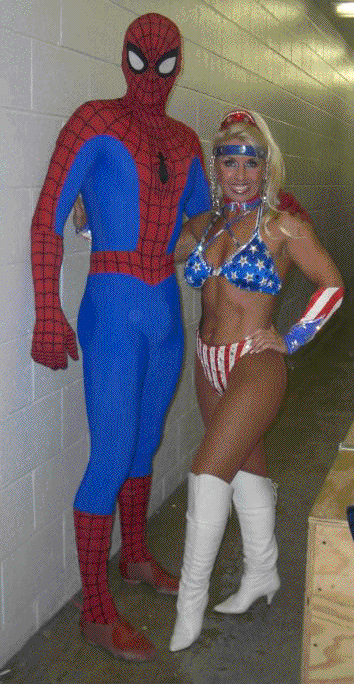 Galaxy Girl and Spider-man hang out after a performance