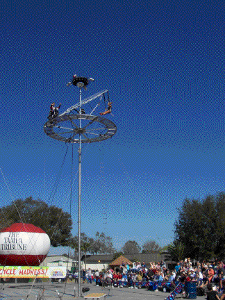 John and Tina prepare for the Cyber Cycle performance over 50 feet in the air.