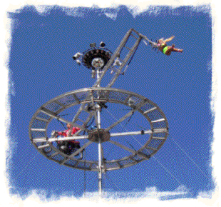 Cyber Cycle - John Winn drives his motorcycle around the aerial disk while the aerialist performs on the spinning trapeze. Copyright 2005 - 2009 Pathway International All Rights Reserved. 